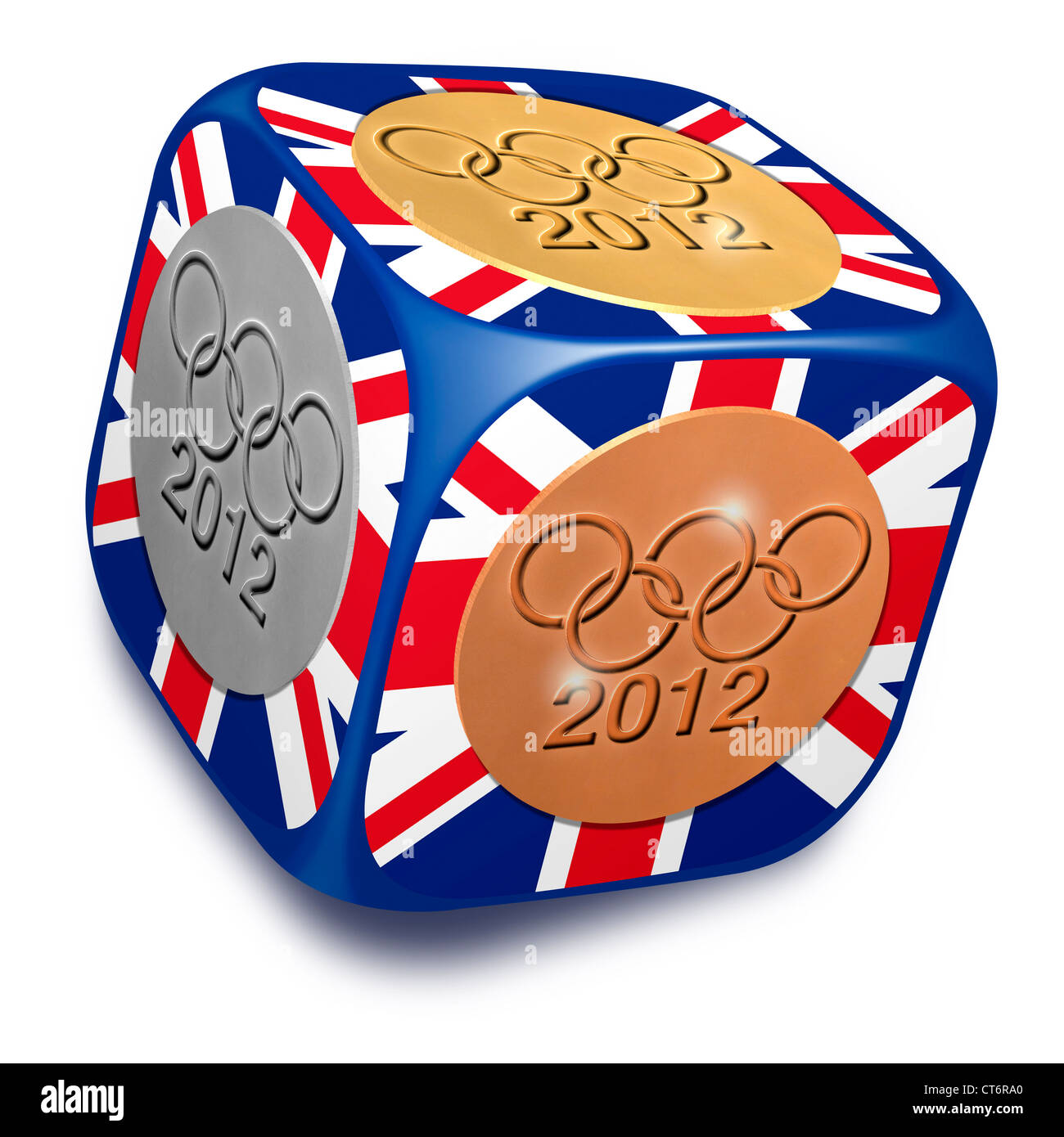 Union Jack Dice with Gold, Silver and Bronze 20112 Olympic Medals on each face. White background Stock Photo