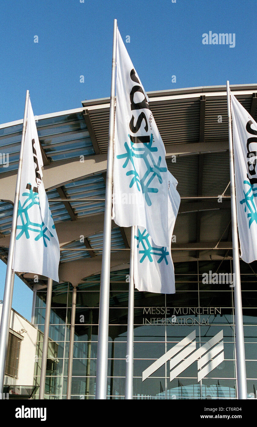 Advertise for Muenchen, flags the Winter ISPO Stock Photo