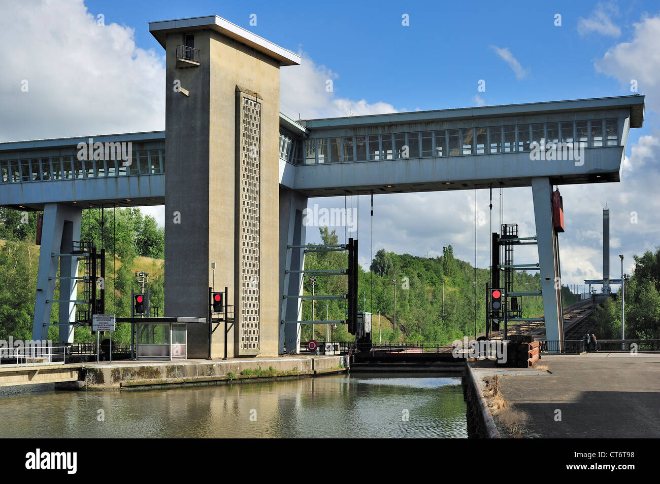 Lower control tower and machine hall of the Ronquières Inclined Plane in Hainaut, Belgium Stock Photo