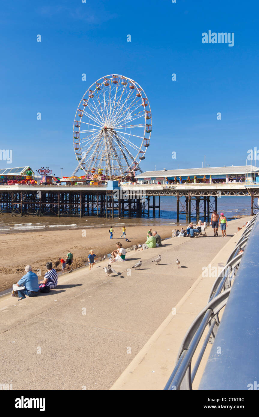 Blackpool beach seafront and Pier from the new promenade Blackpool Lancashire England GB UK EU Europe Stock Photo