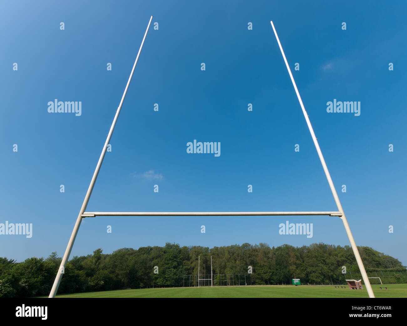 rugby field with rugby post in front Stock Photo