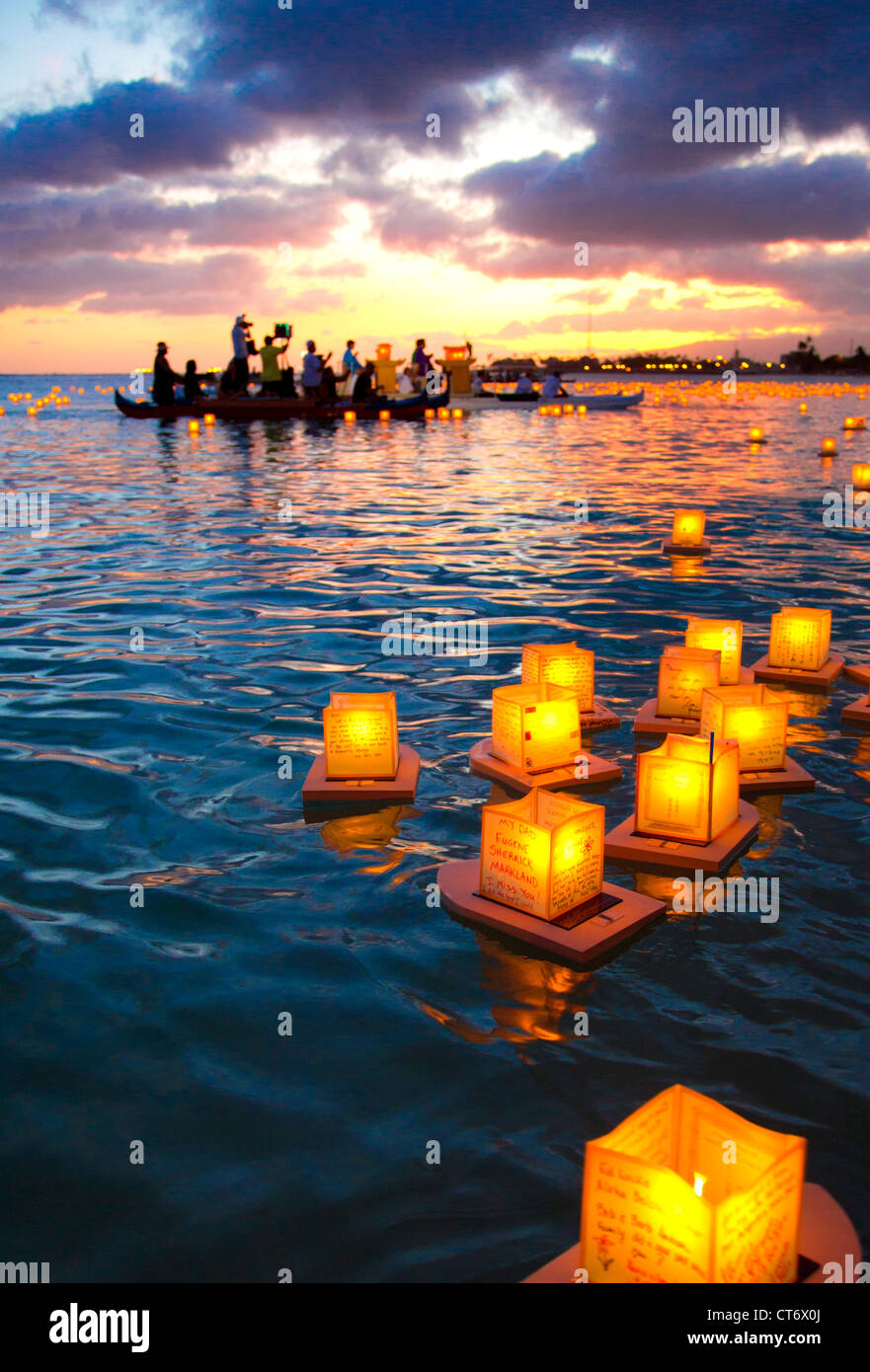 Floating Lantern ceremony, Waikiki, Oahu, Hawaii Stock Photo