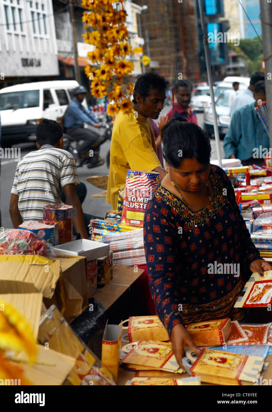 Port Louis Mauritius Diwali Market Stall Selling Fireworks and Cards Stock Photo