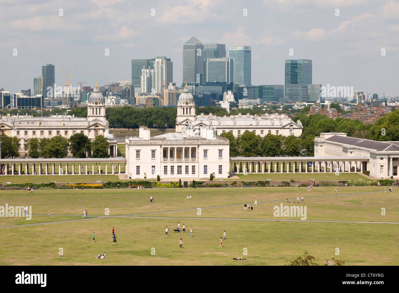 View from Greenwich over Queens House Royal Naval College and Canary Wharf, London, UK Stock Photo