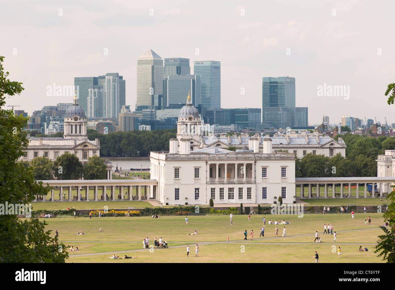View from Greenwich over Queens House Royal Naval College and Canary Wharf, London, UK Stock Photo