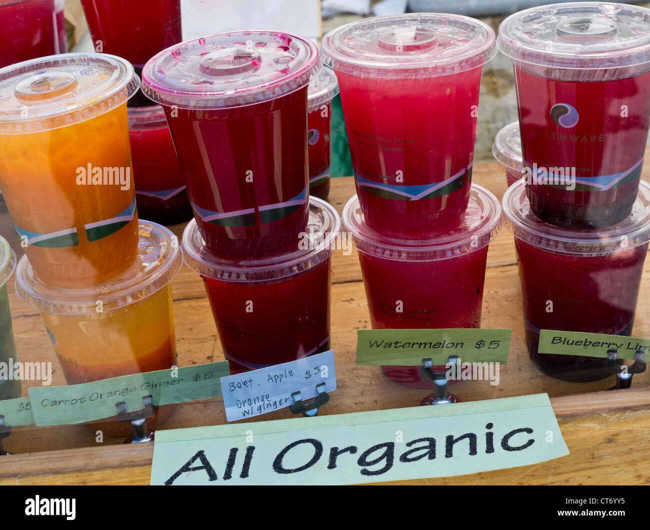 Organic juices on sale at Farmers Market Embarcadero San Francisco