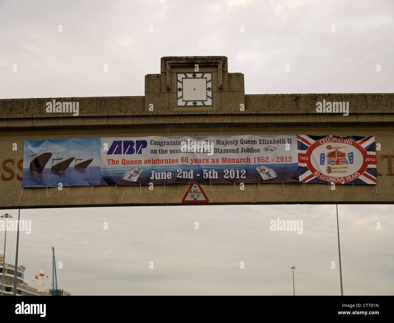 Entrance to Southampton Port displaying a banner congratulating Her