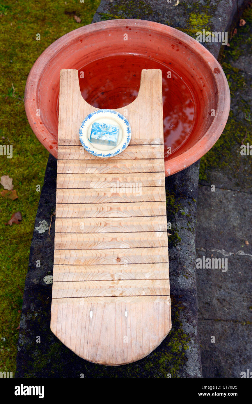 Soap and wooden washboard Stock Photo Alamy