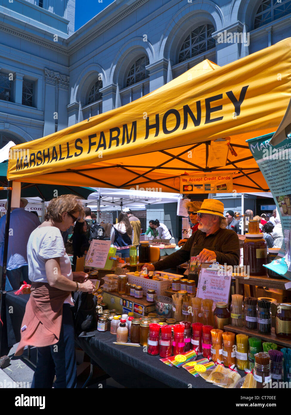 Farmers Market honey stall at The Ferry Building Embarcadero San Stock