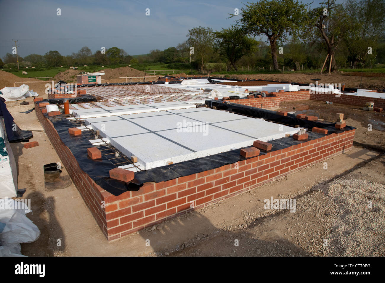 Steel reinforcement mesh on highly insulated passive slab Colemans Hill Farm new build Chipping Campden UK Stock Photo