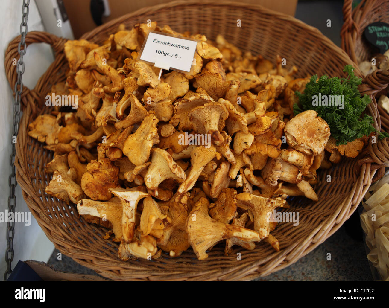 Eirschwamme - Chanterelle mushrooms for sale in Basel Market, Switzerland Stock Photo