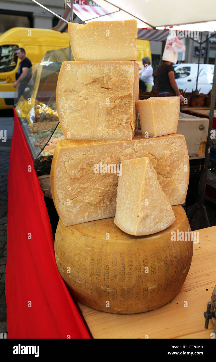 Parmesan cheese for sale in Basel Market, Switzerland Stock Photo