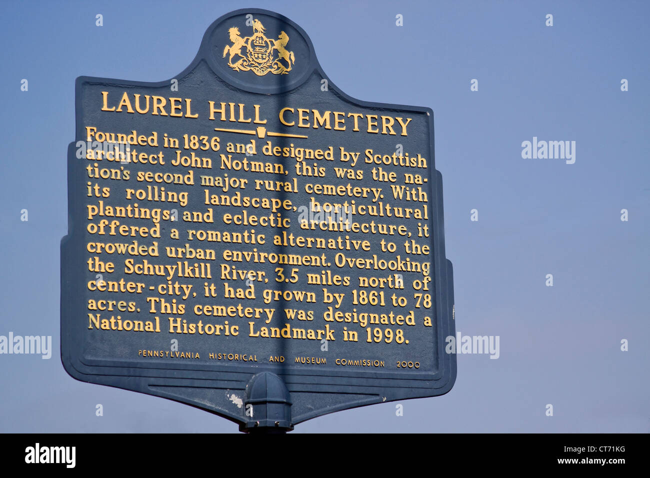 Laurel Hill Cemetery historical landmark and museum commission informational sign along a street in Philadelphia, Pennsylvania. Stock Photo