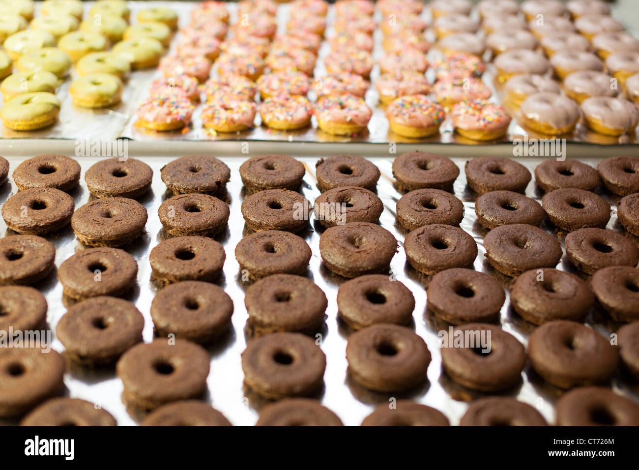Various donut types arrayed on tables, waiting for the glaze to dry at
