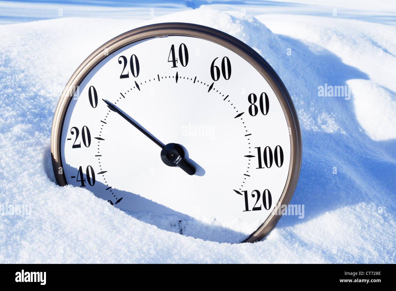 Temperature gauge in the snow showing slightly above zero degrees Fahrenheit. Stock Photo