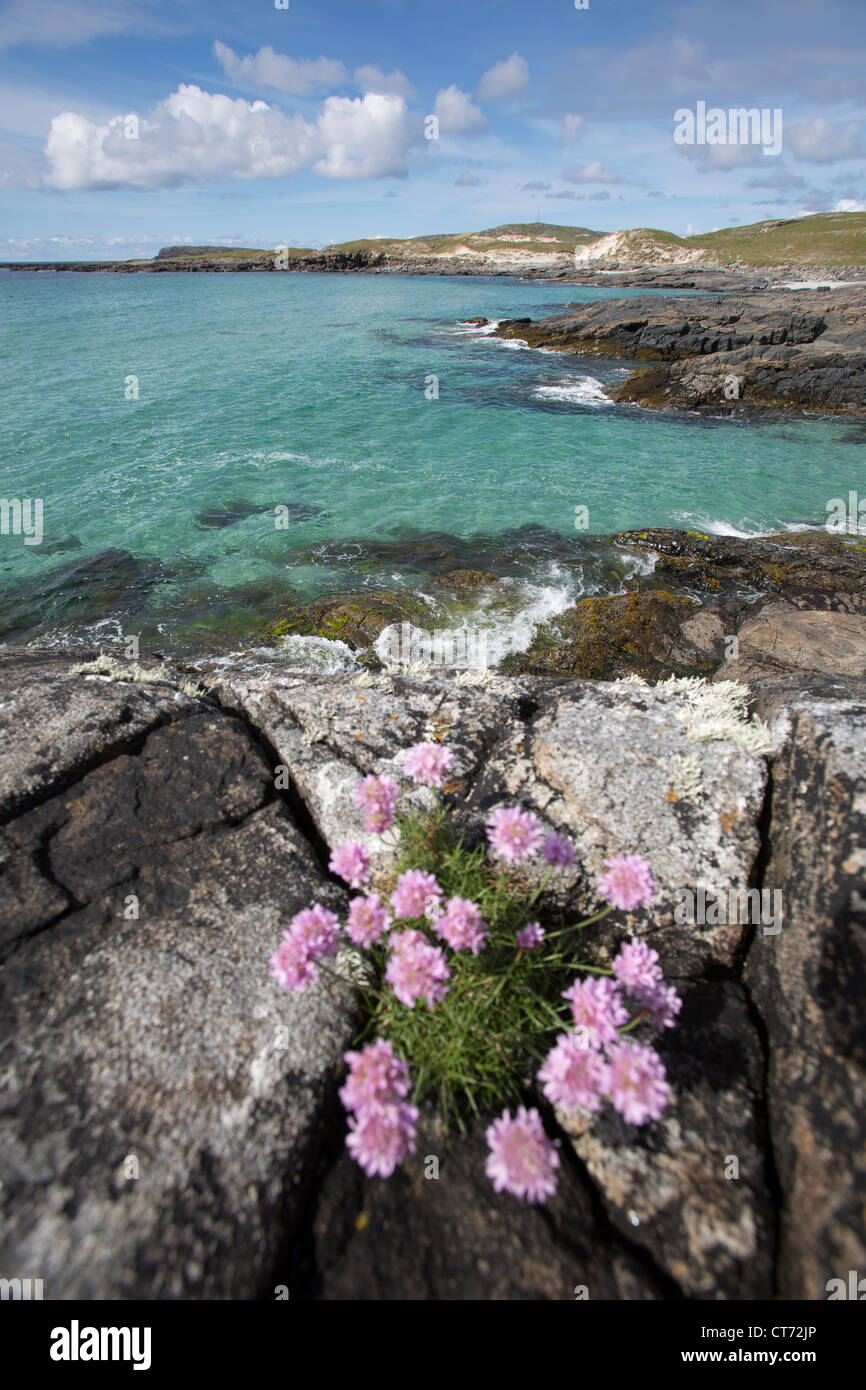 Isle of Barra, Scotland.  Picturesque view of the west coast of Barra, with Sgeir Liath in the background. Stock Photo