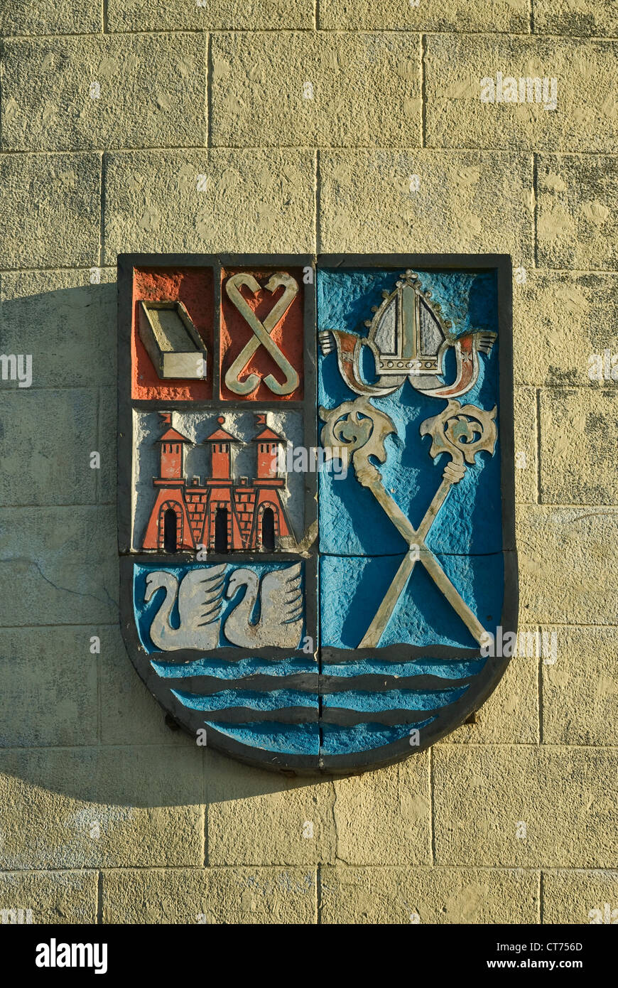 Coat of arms of the city at lighthouse in Kołobrzeg in Pomerania, West Pomeranian Voivodeship (Zachodniopomorskie), Poland Stock Photo