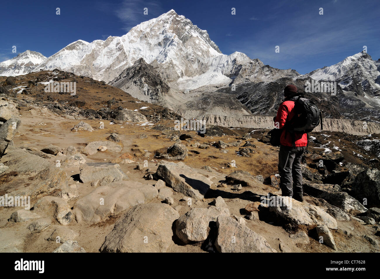 hiker in Nepal landscape Stock Photo