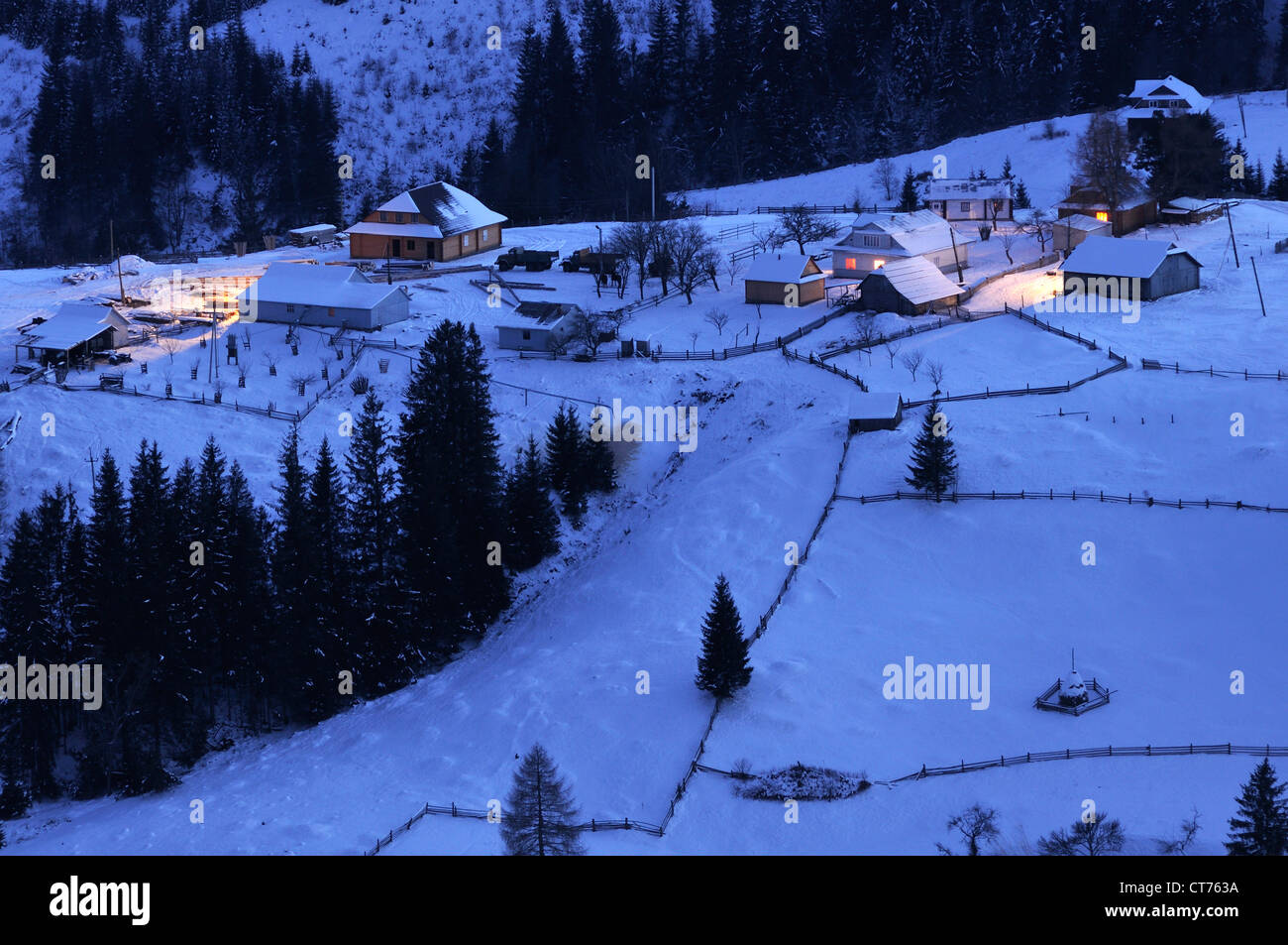 Dzembronya village in Ukraine Carpathian Mountains at night Stock Photo