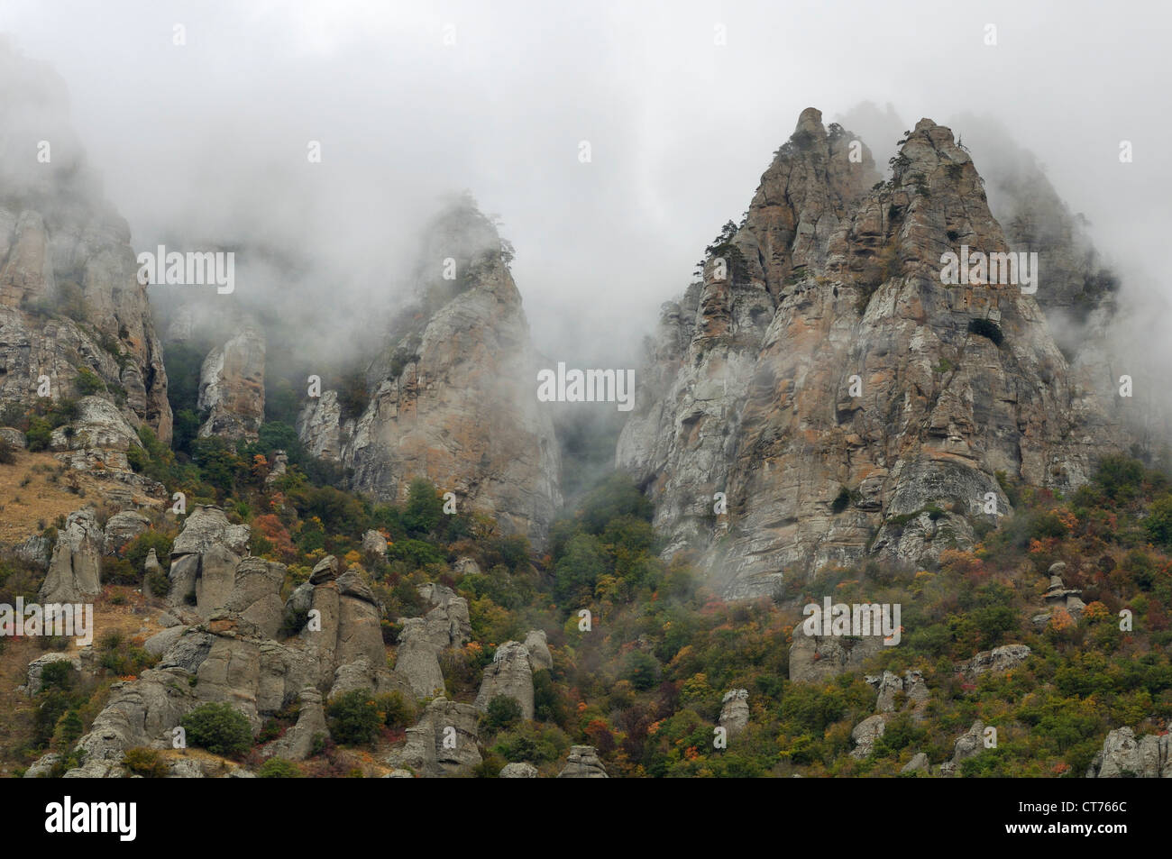 Demergi Mountain on Crimea in Ukraine covered in fog Stock Photo
