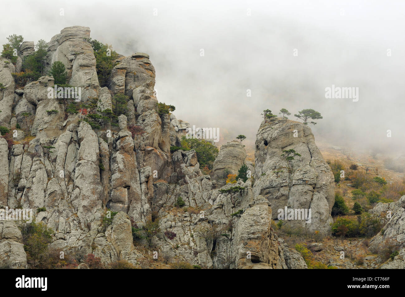 rain over Demergi Mountain landscope on Crimea in Ukraine Stock Photo