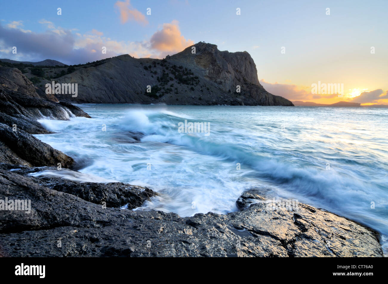 Black Sea coast on Crimea in Ukraine with Koba-Kaya Mountain Stock Photo