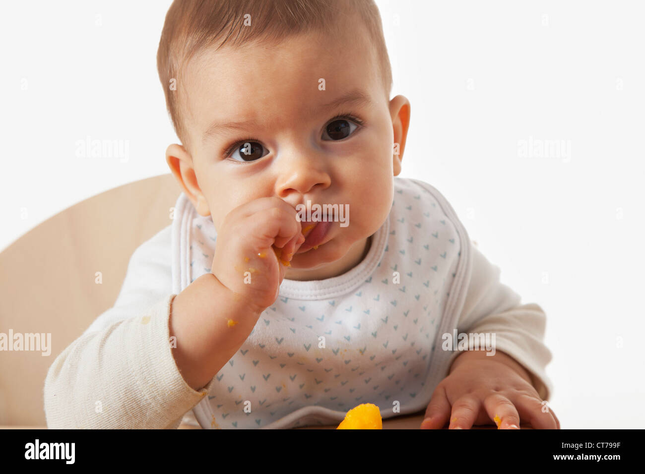 portrait of baby in high chair eating Stock Photo Alamy