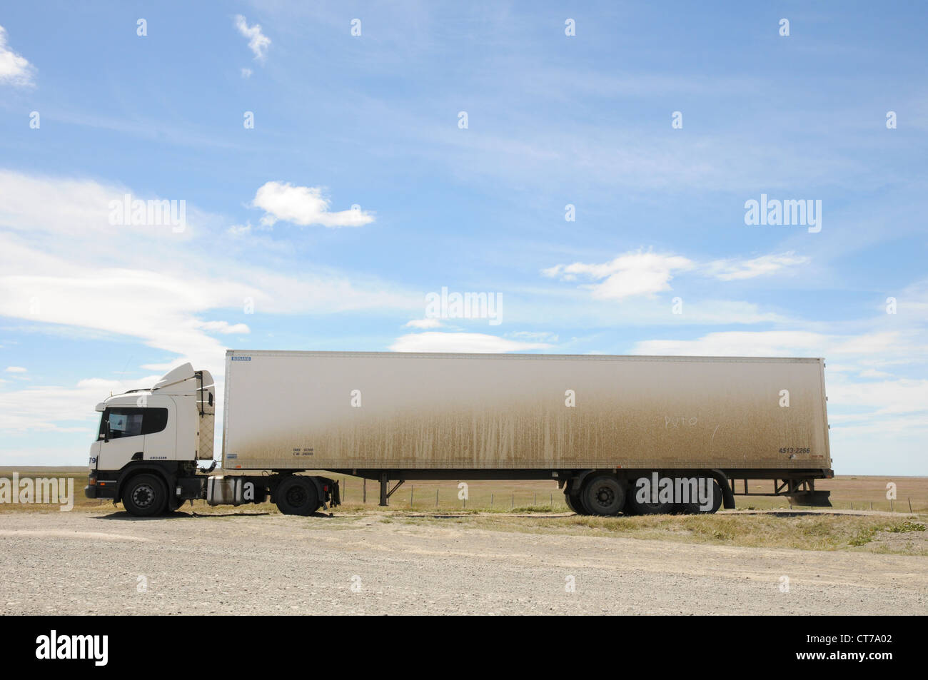 Lorry, truck, articulated lorry, blank white side, open sky, Patagonia, Chile. Stock Photo
