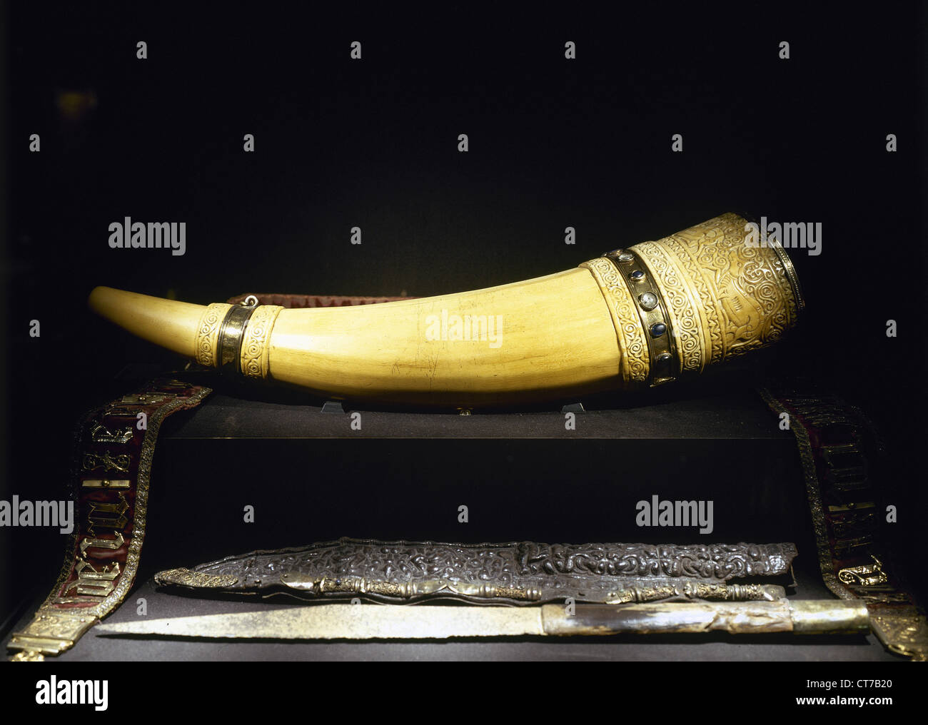 Oliphant of Charlemagne. Ivory. Hunting knife and sheath Aachen Cathedral Treasury. Germany. Stock Photo