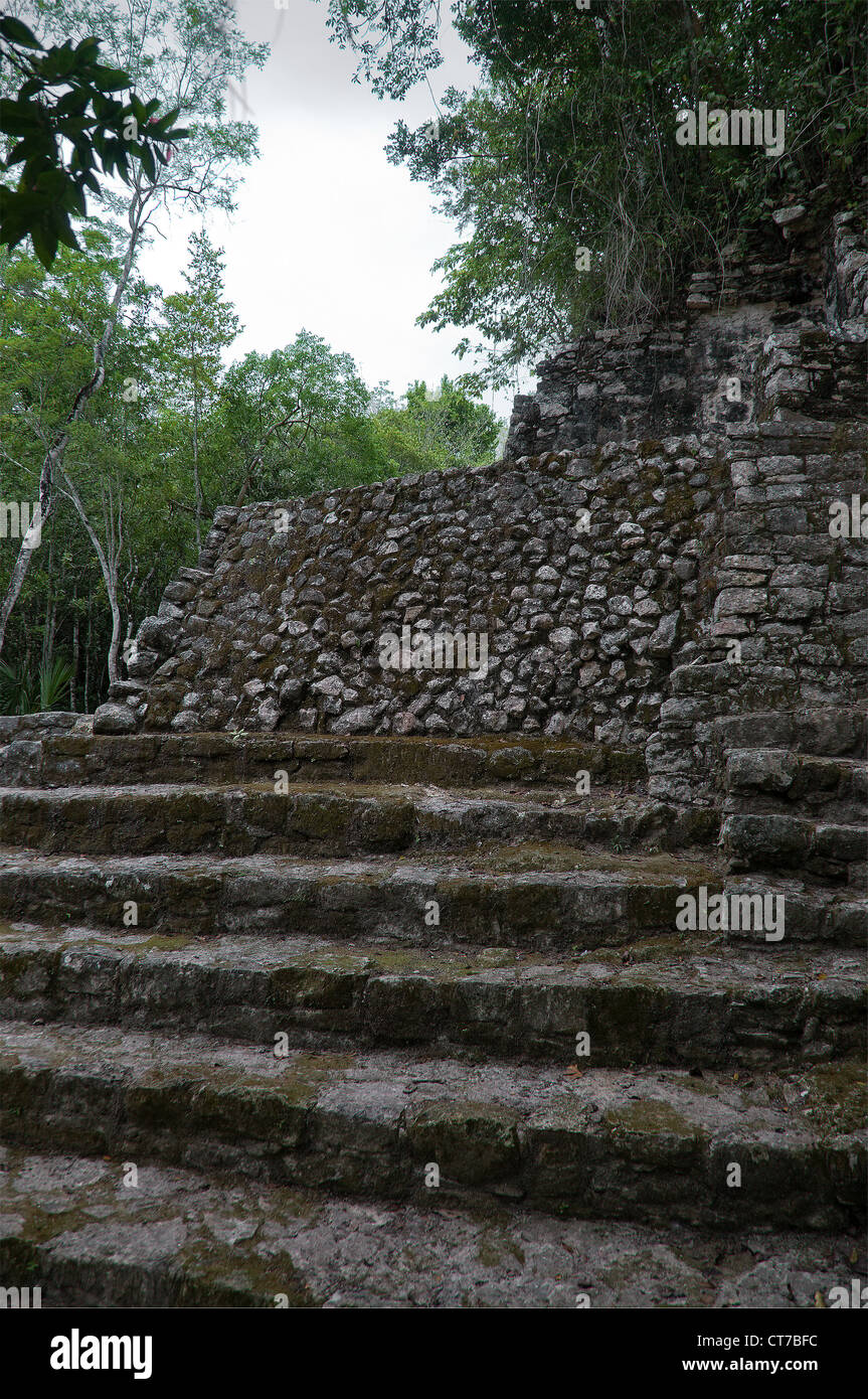 Coba group's pyramid is one of the landmark ruins in Yucatan Mexico's Riviera Maya region. Stock Photo