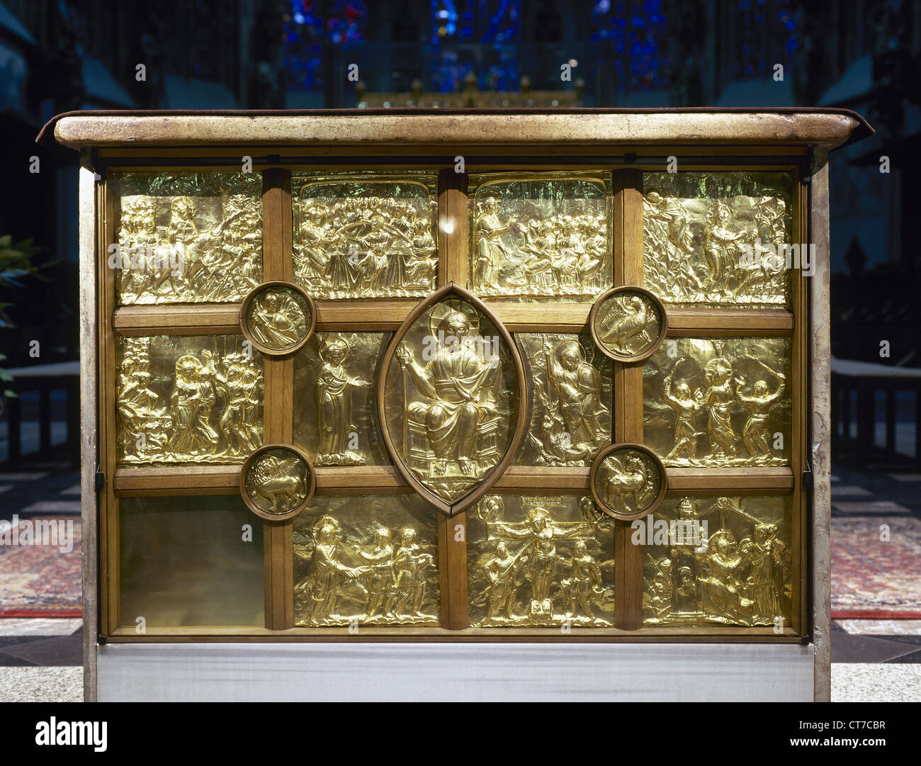 Germany. Aachen Cathedral. Palatine Chapel. Frontal of Main Altar, know as Pala d'Oro. 1000. Golden panels. Relief. Stock Photo