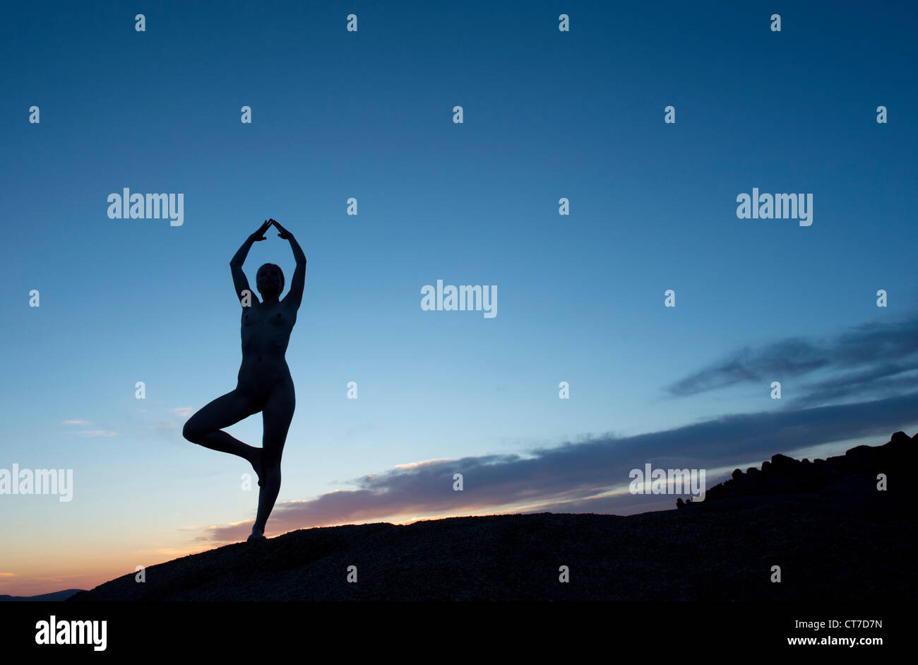Young woman in tree pose in desert, silhouette Stock Photo