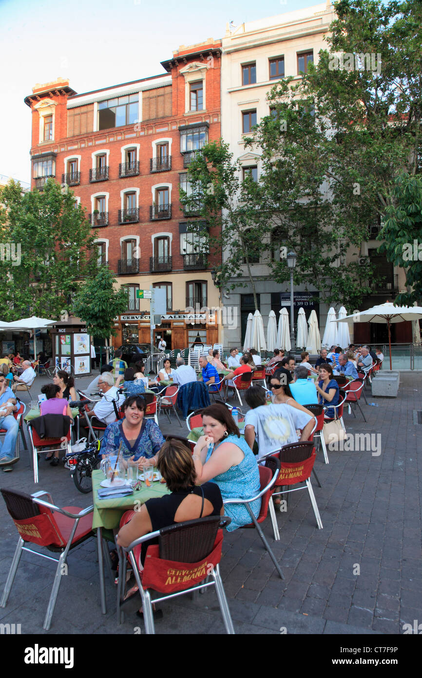 Spain, Madrid, Plaza de Santa Ana, street cafe, people, Stock Photo