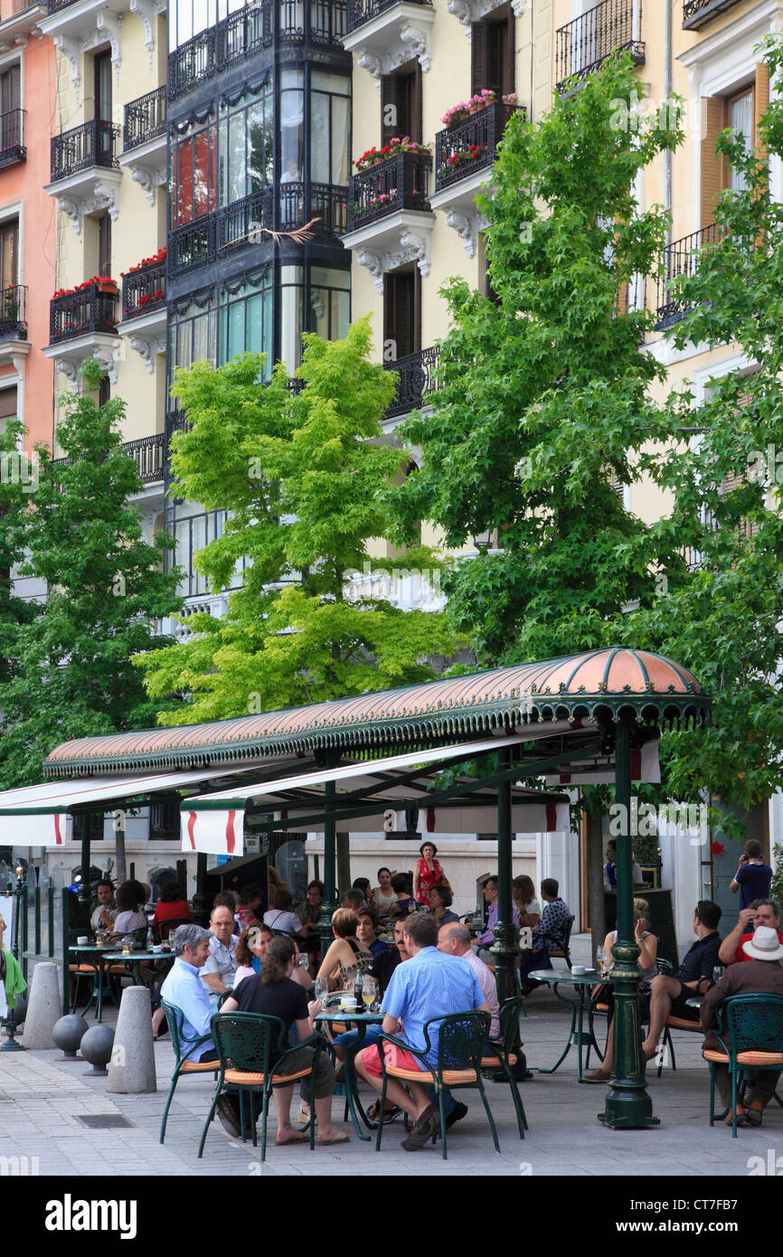 Spain, Madrid, Plaza de Santa Ana, street cafe, people, Stock Photo