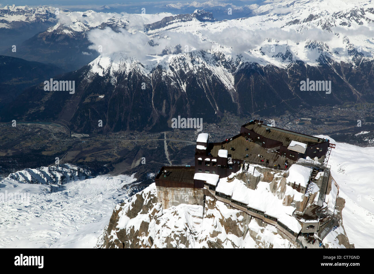 Arial view of the Observation Platform on the Aiguille du Midi, and the ...