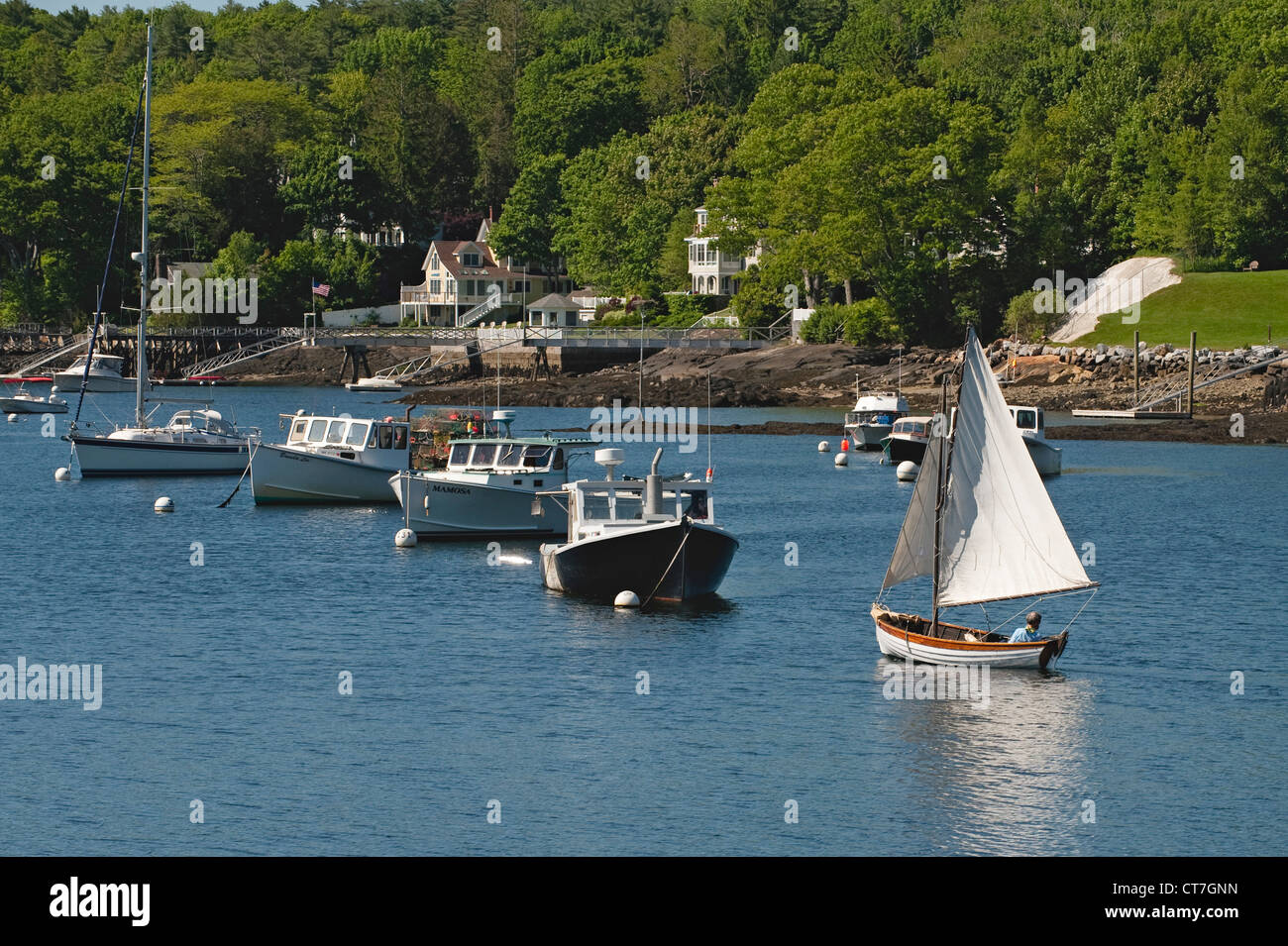 Lobster boats and Sailboats in the harbor at Rockport, Maine Stock
