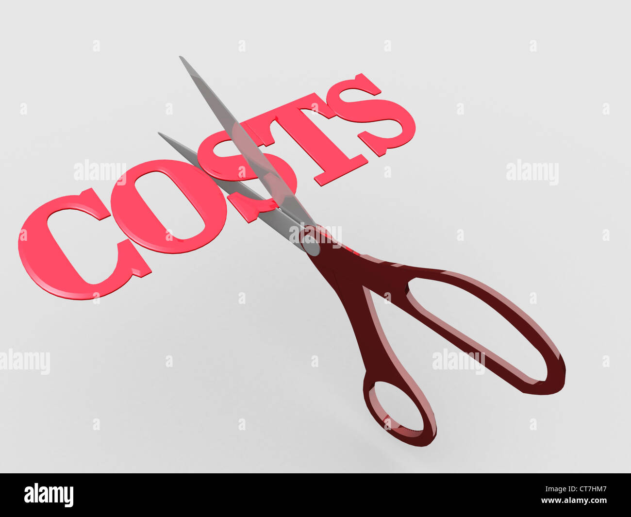 3d Pair of scissors cuts business expense word COSTS in half to save