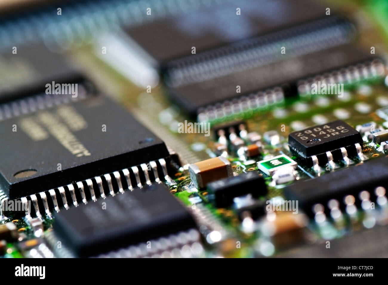 Clousep of a computer circuit board with Chips on it. Shallow depth of field. Stock Photo
