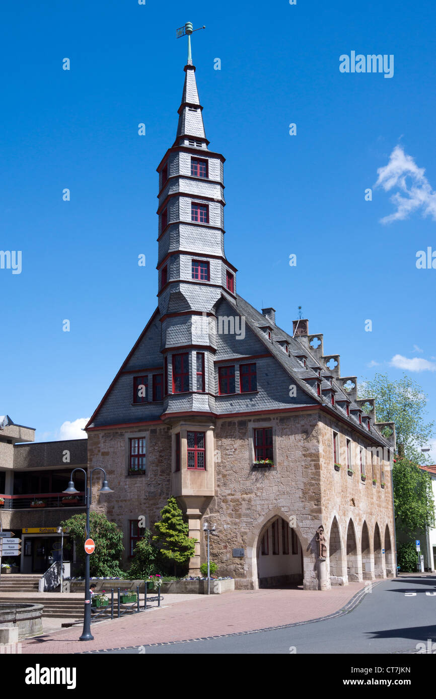 Town hall with Roland, Korbach, district  Waldeck-Frankenberg, Hesse, Germany, Europe Stock Photo