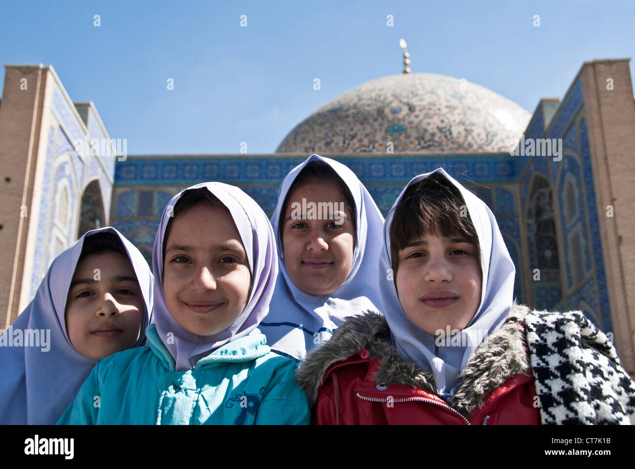 Group of young Muslim girls wearing Hijabs, Esfahan, Iran Stock Photo
