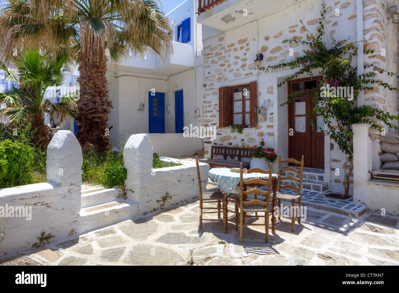 Courtyard in the Greek fishing village of Naoussa, Paros, Greece Stock