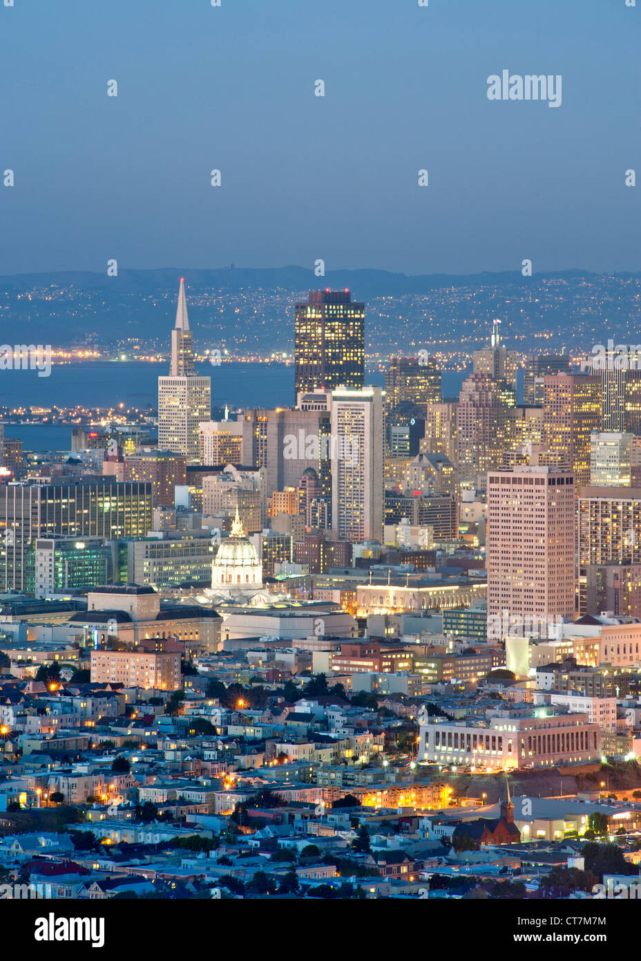 Dusk view across San Francisco from the summit of Twin Peaks in California, USA. Stock Photo