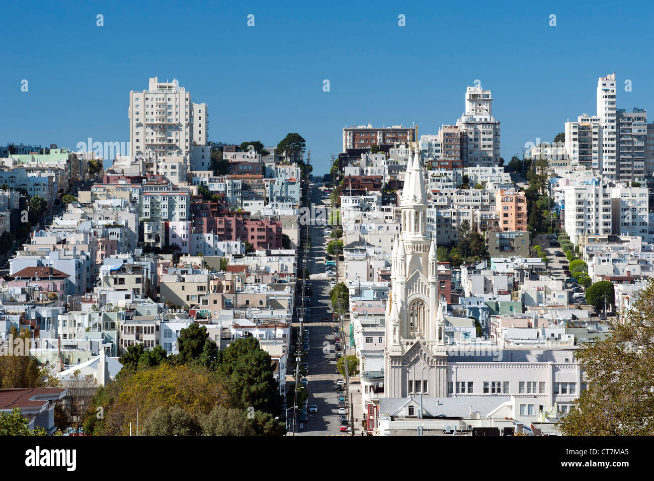 View along Filbert Street looking southwest past Saints Peter and Paul Church in the North Beach district of San Francisco. Stock Photo