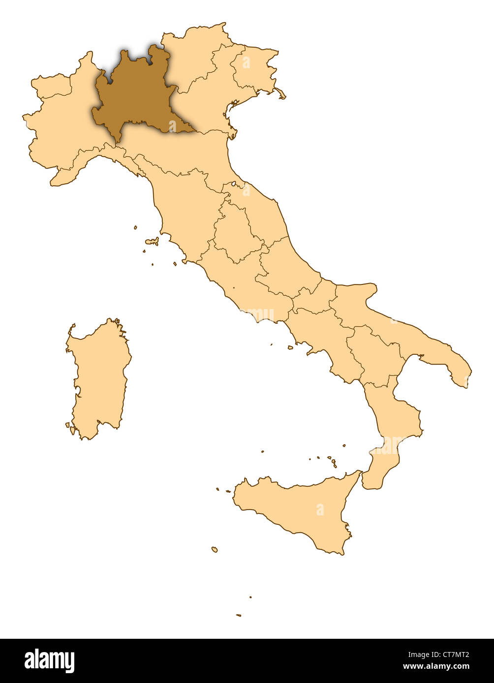 Map of Italy where Lombardy is highlighted. Stock Photo