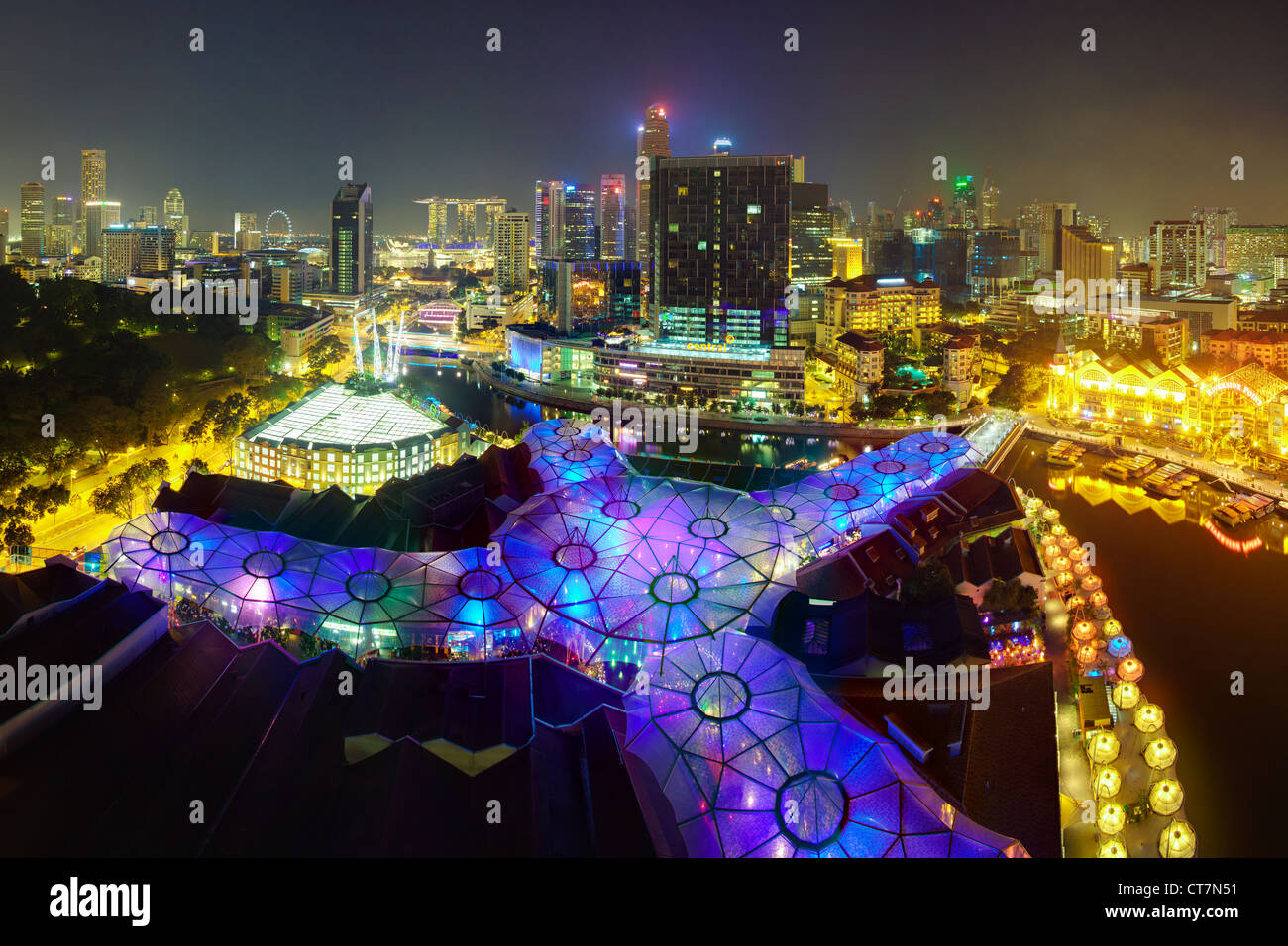South East Asia, Singapore, Elevated view over the Entertainment district of Clarke Quay, the