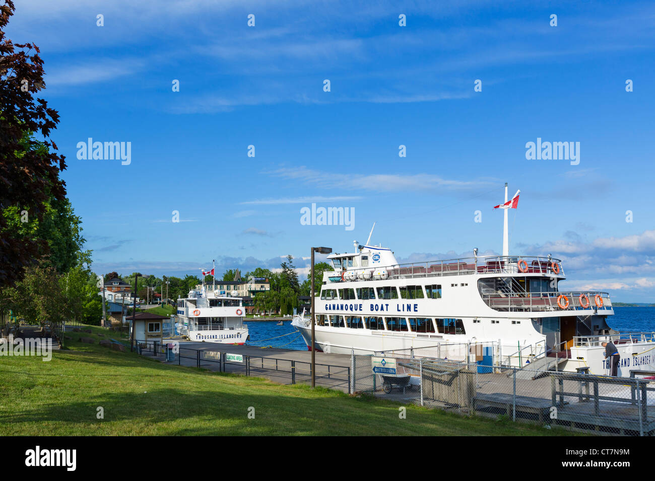 Tour boats for the Thousand Islands at the harbour in Gananoque, Lake Ontario, Ontario, Canada Stock Photo