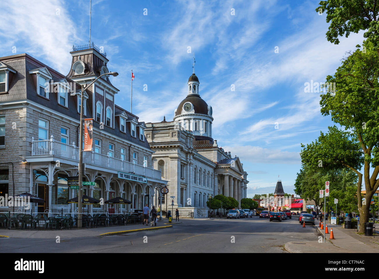 View down Ontario Street with Prince George Hotel and City Hall to the left, Kingston, Ontario, Canada Stock Photo