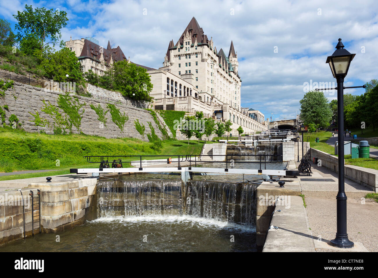 Flight of locks on the Rideau Canal looking towards the Fairmont Chateau Laurier, Ottawa, Ontario, Canada Stock Photo