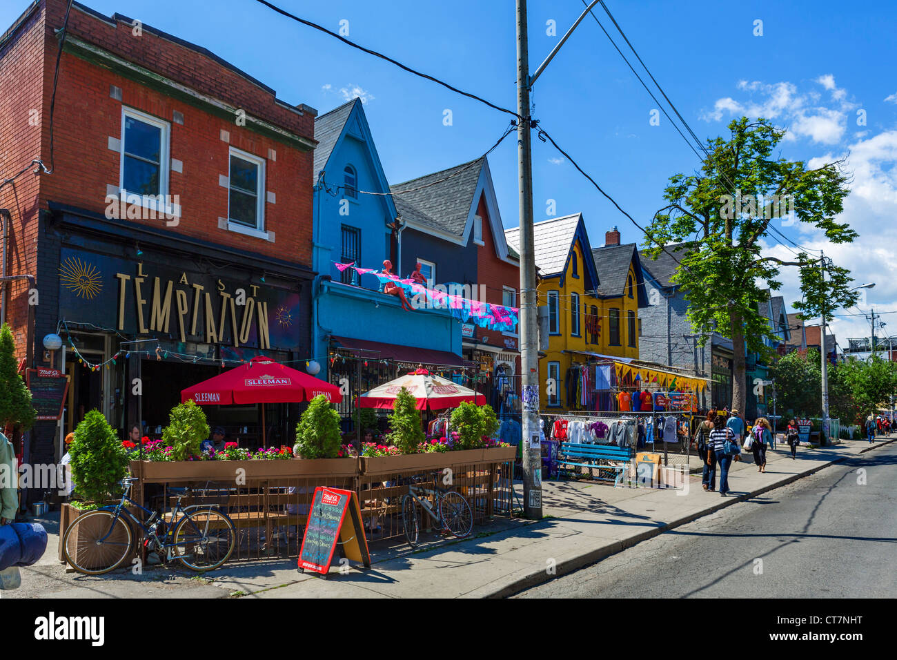 Shops and bars on Kensington Avenue in the Kensington Market district, Toronto, Ontario, Canada