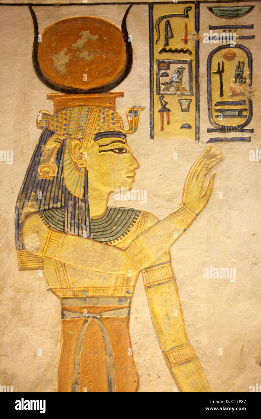 Paintings in the tombs at the Valley of the Queens, West Bank, Luxor, Egypt Stock Photo